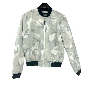 North Face Women’s White Disrupt Camo Bomber Puffer Jacket Sz S